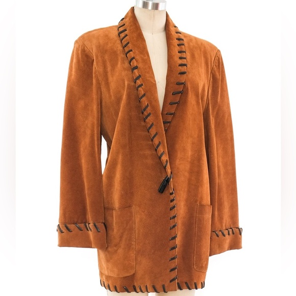 Women's Brown Leather Jacket with Black Trim - Picture 2 of 9